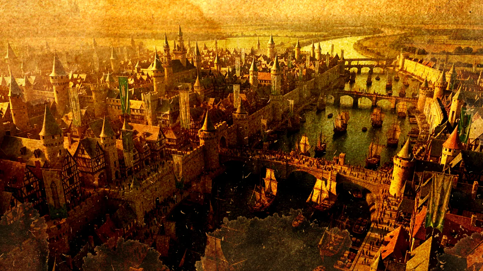 Golden evening light bathes Andor City's walled river district, crowded stone bridges and merchant ships crossing beneath spired keeps and towers.