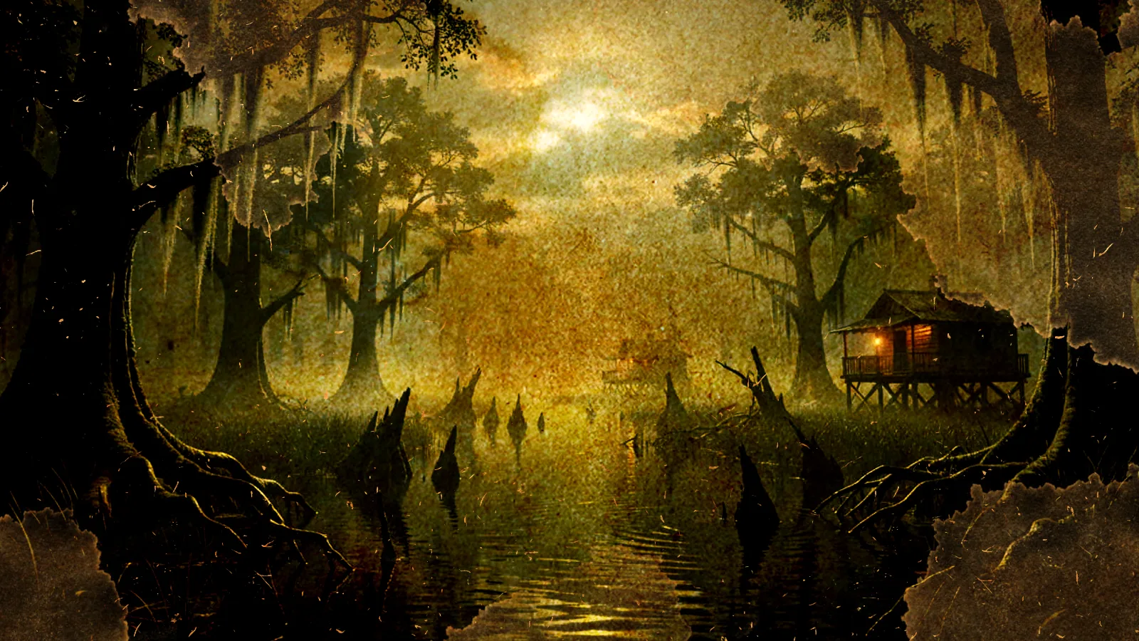 Moss-draped cypress trees and their knees rise from still swamp water beside a lantern-lit stilt cabin in Starfall's misty frontier marshes.