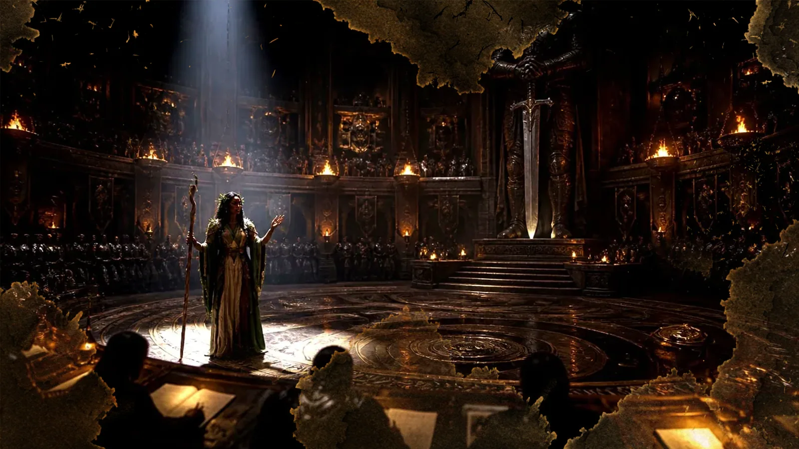 A robed druidess with a staff and a crown of leaves stands on a vast inlaid circle in a torchlit domed hall, ranks of armoured figures and a colossal upright sword behind her