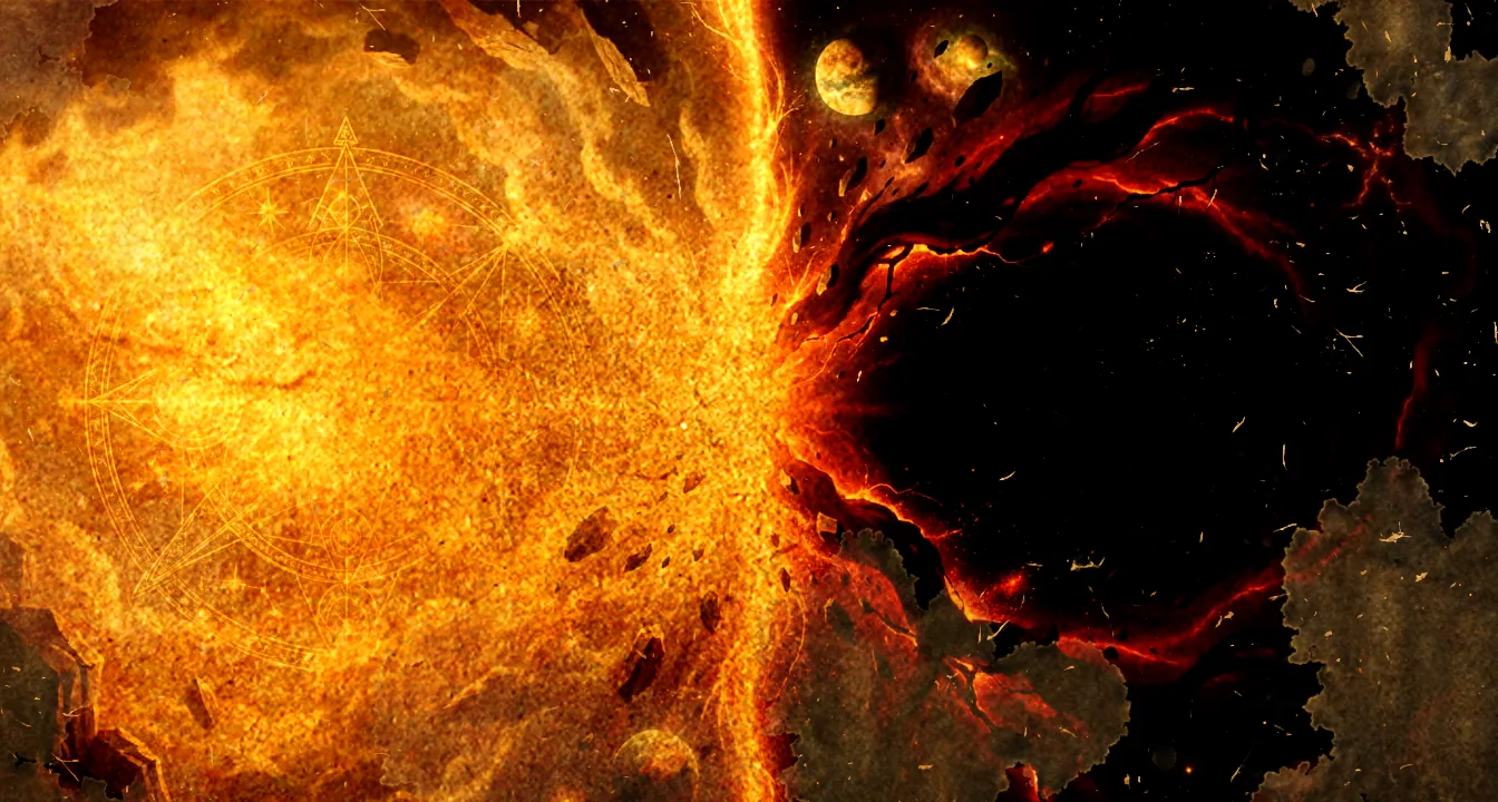 Two opposed tides of light and shadow meeting along a burning seam