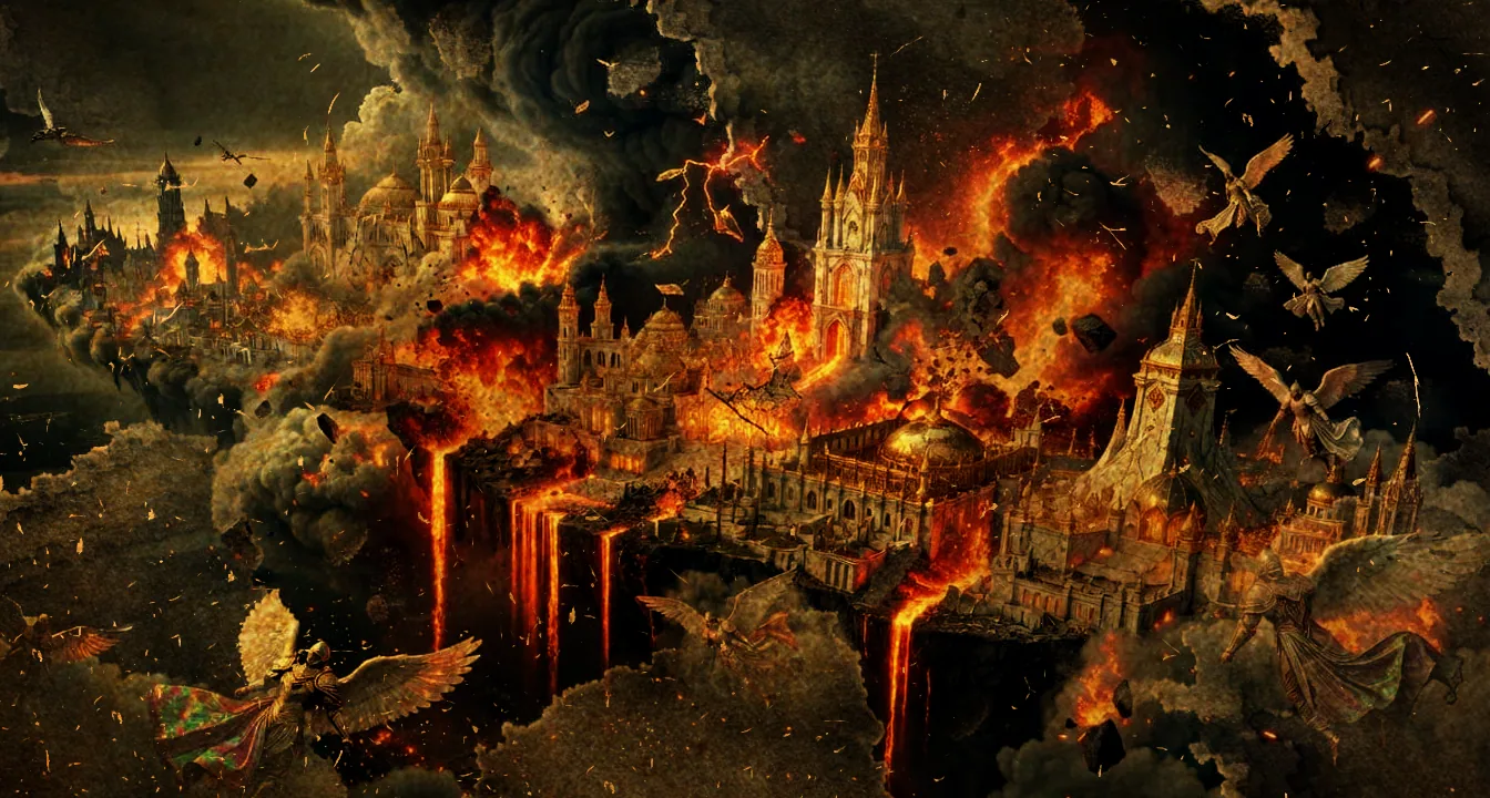 The angelic cloud-city of Elion falling in fire from the sky, giving Starfall its name