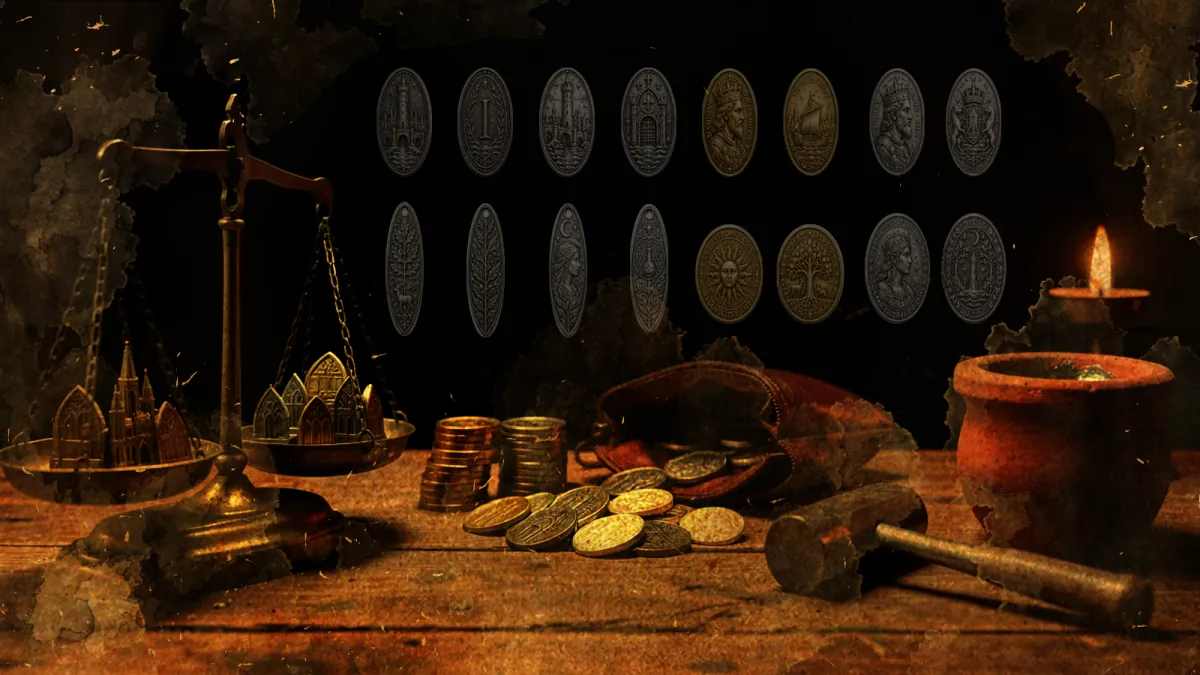 Five struck coins of Andor and Everday in a row — silver towers over water, a gold sun, a crowned king — lit against the dark.